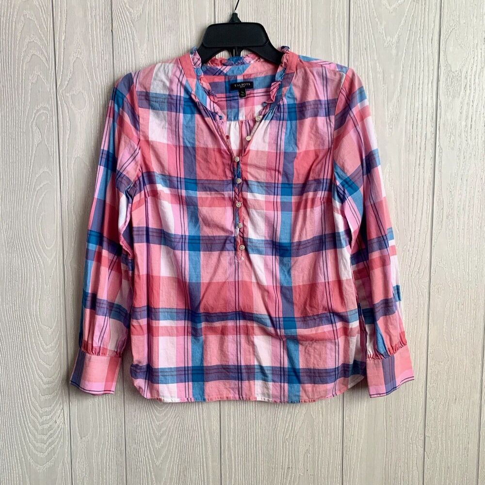 Talbots Petite Pink Blue Plaid Print Long Sleeve V-Neck Top Size PS